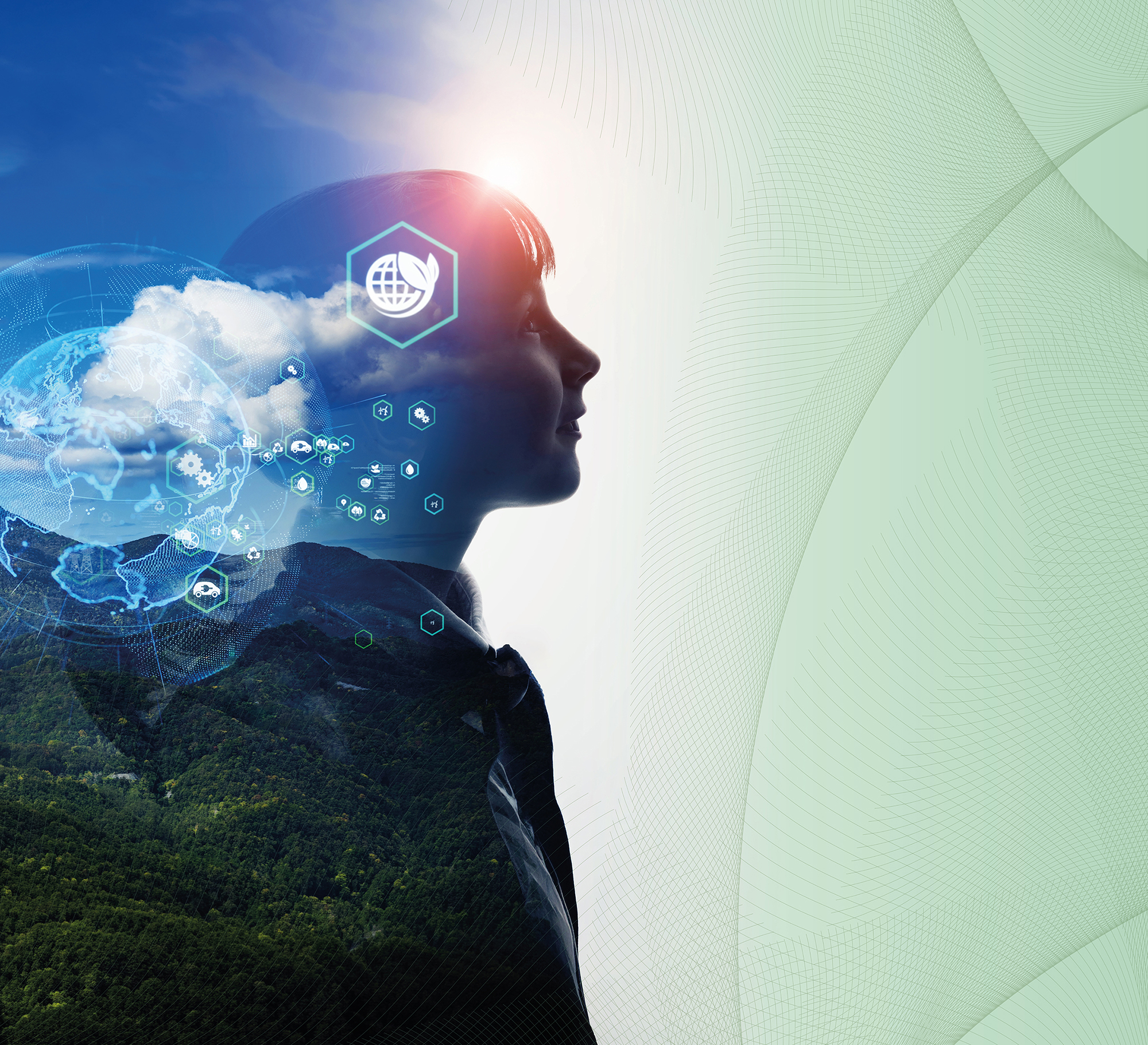 Profil einer Person in einer Bildmontage aus Bergwald und digitalen Symbolen