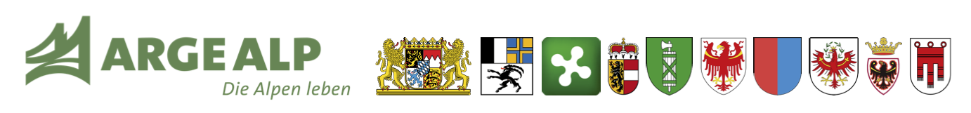 ARGE ALP – Die Alpen leben, mit den Wappen der zehn Mitgliedsregionen
